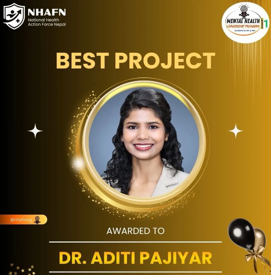 NHAFN Best Project award card naming Dr. Aditi Pajiyar, Mental Health Leadership Program Cohort 1