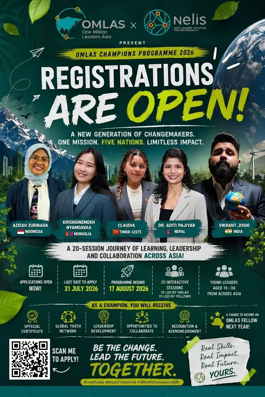 OMLAS Champions Programme 2026 poster by OMLAS and NELIS, featuring five Fellows including Dr. Aditi Pajiyar of Nepal